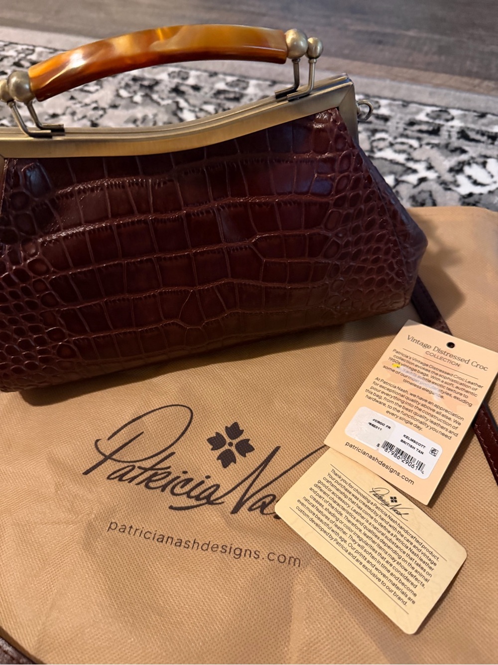 Patricia Nash Dark Brown Croc-Embossed Satchel with Tortoiseshell Top Handle - Picture 6 of 6